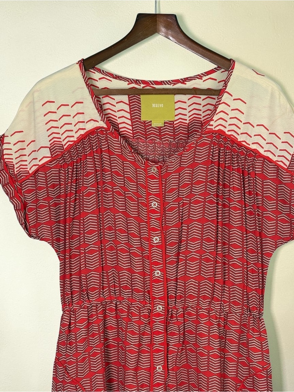 Anthropologie Maeve Veronia Chevron Print Shirt Dress Pockets Red Cream Size M - Picture 4 of 13